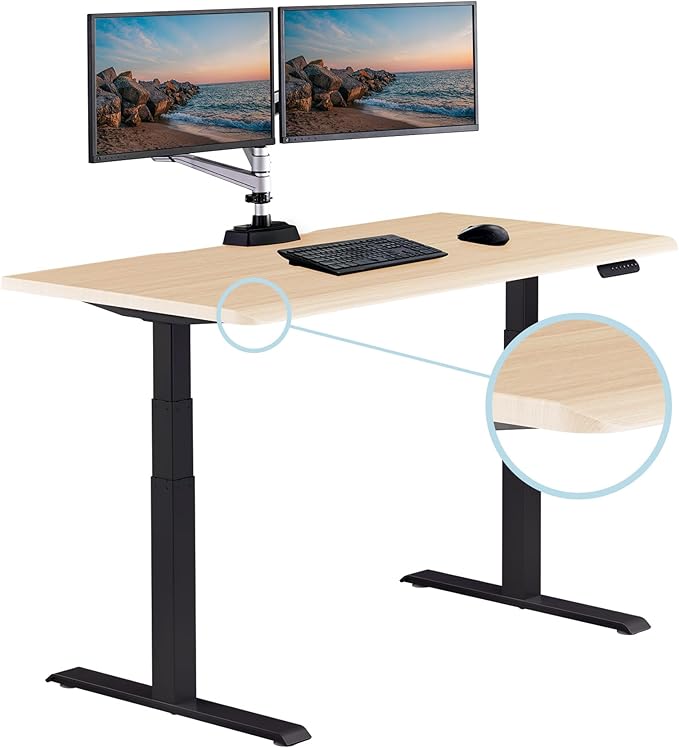 Vari ComfortEdge 60x30 Inch Adjustable Electric Standing Desk – Sit Stand VariDesk with Memory Presets Sloped Edge 200 LB Capacity + Tool-Free Assembly (Light Wood Top/Black Legs)