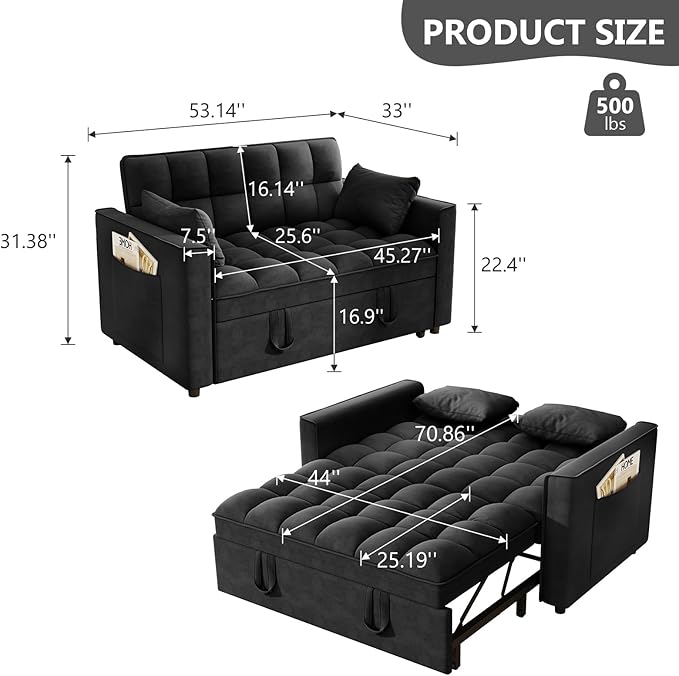 Hison Convertible Sleeper Sofa Bed 3 in 1 Pull Out Couch Bed with Adjustable Backrest Sectional Small couches for Small Spaces Loveseat for Apartment Living Room (Black Velvet)