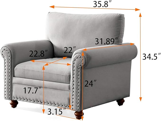 Lestar Single Sofa Chair Fabric Accent Chair with Solid Wood Legs Upholstered High Elastics Sponges with Armrests Seat Couch for Living Room (Grey)