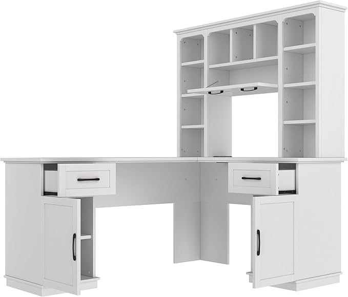 Bellemave L-Shaped Computer Desk with 2 Cabinets and 2 Drawers Home Office Desk with 11 Open Shelves and 1 Right Flip Shelf Corner Desk for Study Living Room and Office (Off White