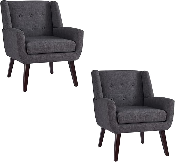HUIMO Accent Chair Arm Chair Set of 2 Button Tufted Upholstered Reading Chair Linen Fabric Mid Century Modern Chairs for Bedroom Living Room Chair Comfy Sofa Chair(2 Grey)