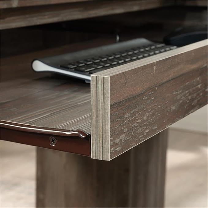 Pemberly Row Contemporary L-Shaped Engineered Wood Desk Pebble Pine Finish with Khaki Pine Accent 30 H x 65.12 W x 65.2 D Keyboard Shelf File Drawer CPU Storage Home Office Desk
