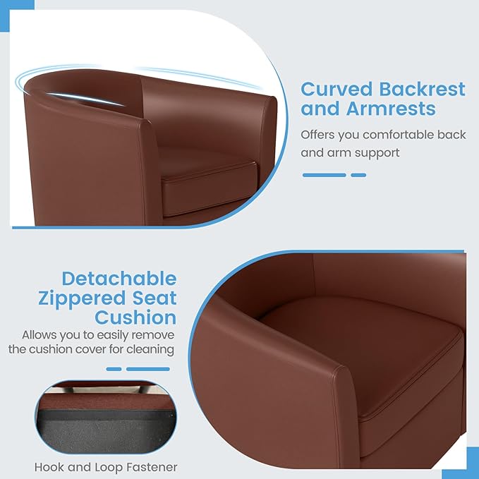 Giantex Swivel Small Accent Chair with Ottoman Modern Faux Leather Barrel Club Chair w/Footrest Removable Seat Cushion Swivel Single Sofa Arm Chair for Living Room Bedroom Office (Brown)