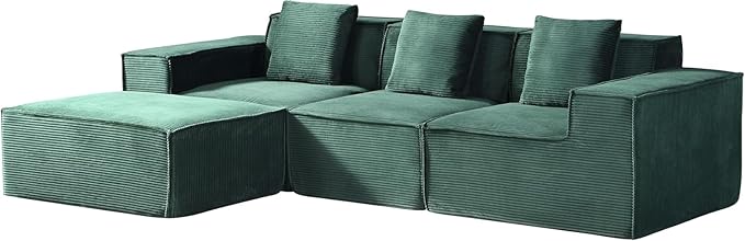 Harper Convertible Corduroy Sectional Couch with Ottoman &amp Pillows Modular L Shaped Sleeper Sofa Boneless Cloud Couch for Living Room Furniture Dark Green