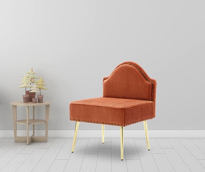 Modern Upholstered Pleated Velvet Accent Chair Tufted Dining Office Chairs Armless Slipper Chair Mid-Century Side Chair Single Luxury Sofa Chair with Golden Legs for Living Room Small SpaceOrange