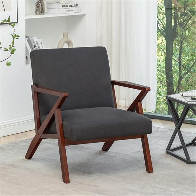 Pemberly Row Modern Accent Chair Gray Fabric Upholstery Solid Wood Z-Frame Espresso Finish Dense Foam Cushions Adjustable Feet 28.5 x 30 x 31.5 in Living Room or Bedroom Seating