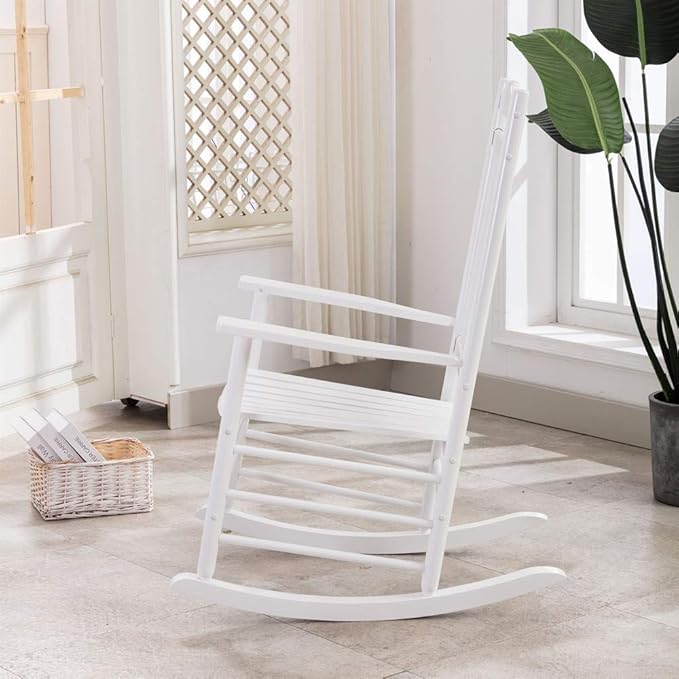 Outdoor Patio Rocking Chair Furniture Comfy Rocker for Adults Porch Balcony Garden Indoor Outside Wooden White