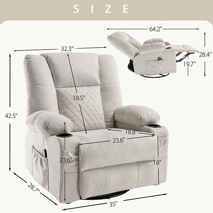 Rocker Recliner Chair with Heat and Massage Wide Seat Overstuffed Fabric Reclining Chair for Living Room Nursery Glider Rocking Chair Swivel Recliner with Cup Holder White