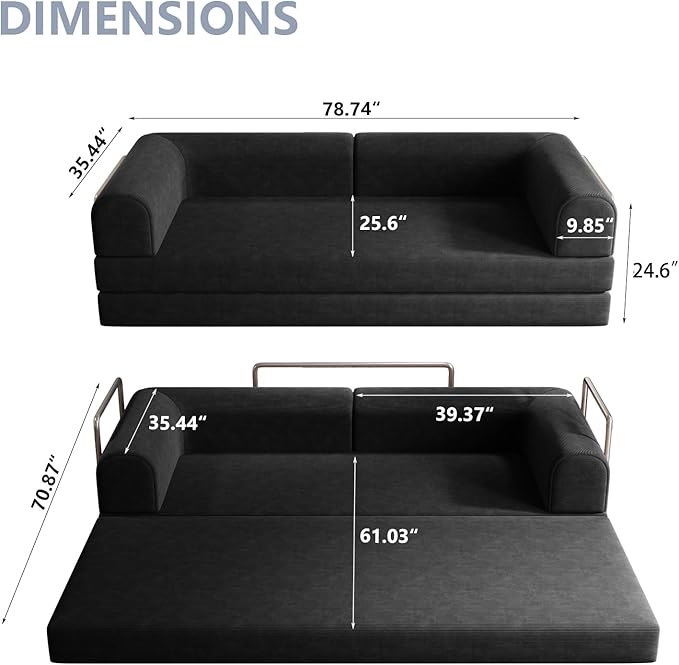 Folding Boneless Couch Convertible Sleeper Sofa Bed Futon Lounge Chair Boneless Corduroy Loveseat with Pull Out Bed Floor Sofa Modular Couch for Living Room Basement Movie Theater RoomBlack