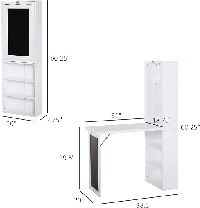 Folding Wall Mounted Desk with Storage Expandable Hidden Computer Desk Foldable Space-Saving Pull Out Murphy Table Writing Table with Blackboard for Home Office Bedroom Small Spaces (White.)