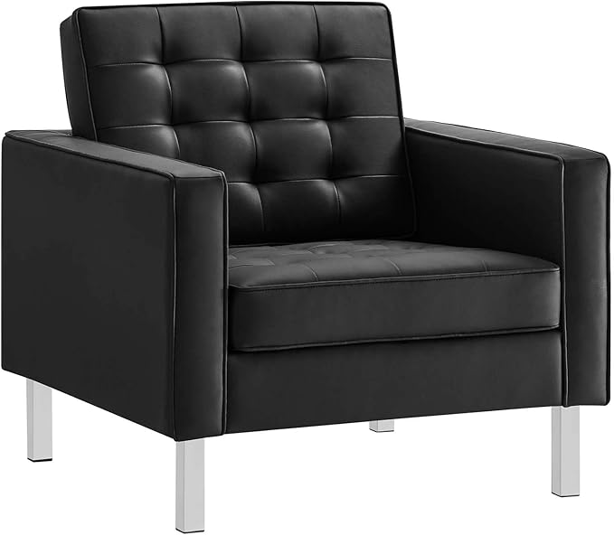 Modway Loft Tufted Button Faux Leather Upholstered Accent Armchair in Silver Black