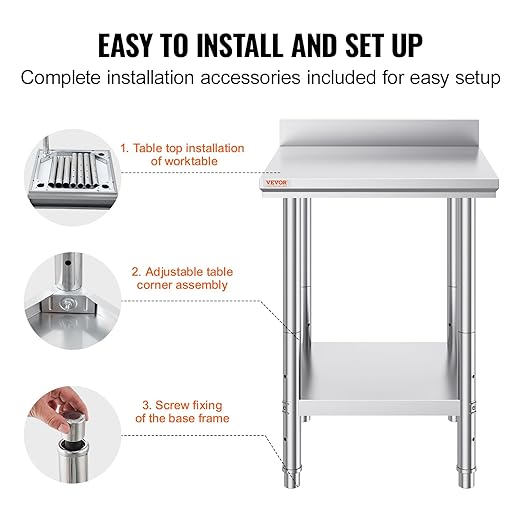 Mophorn Stainless Steel Table Work Table 24 x 24 x 34 Inch Commercial Food Prep Worktable Heavy Duty Prep Worktable Metal Work Table with Adjustable Feet for Restaurant Home and Hotel