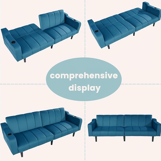 80 Velvet Futon Sofa Bed Convertible Sleeper Loveseat with Cup Holders &amp Storage Pockets Mid Century Modern Couch for Living Room Bedroom Office Small Space (Dark Blue)