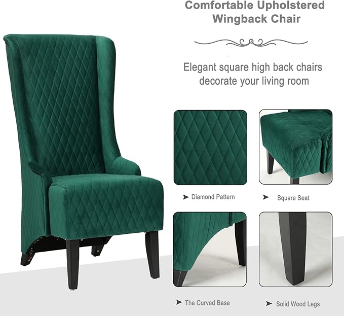 Henf Velvet Modern Wingback Accent Chair Green Comfortable Fabric Covering 20.5W x 18.9D x 46H