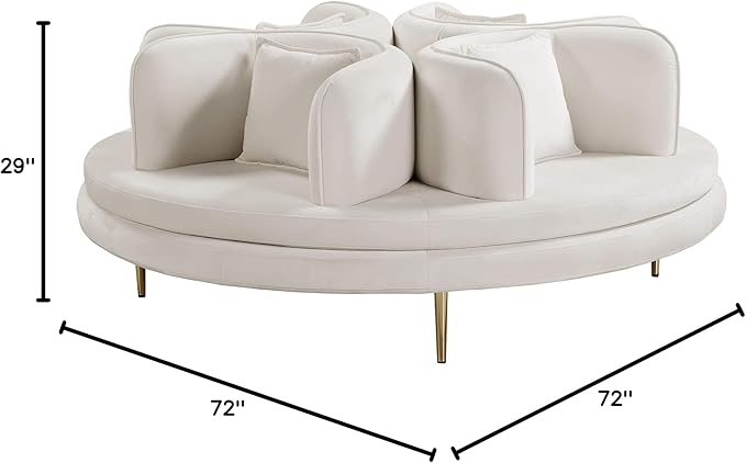 Meridian Furniture 627Cream Circlet Collection Modern | Contemporary Velvet Upholstered Roundabout Sofa with Sturdy Gold Iron Legs Cream 72 W x 72 D x 29 H