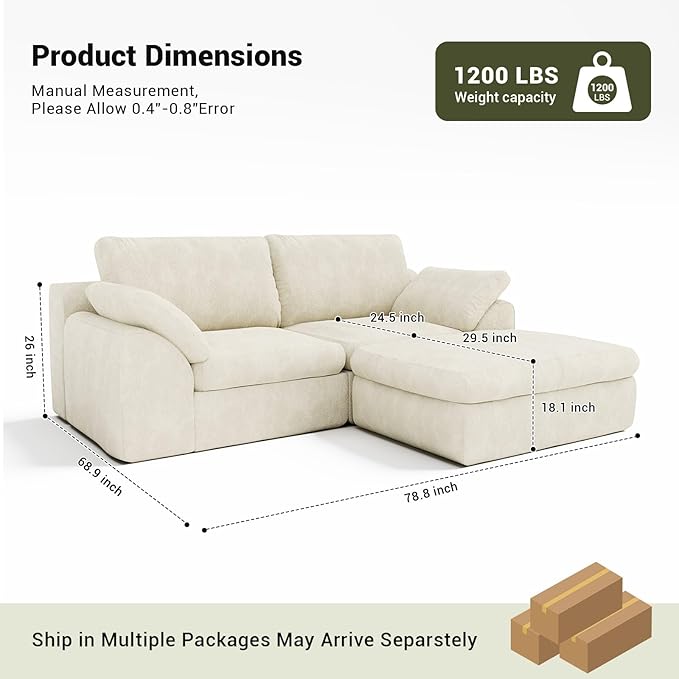 78.8 Cloud Sectional Couch Comfy 2 Seater Boneless Couch with Ottoman No Assembly Required Couches for Living Room Deep Seat Modular Sectional Sofa (Plush Cream White)