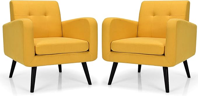S AFSTAR Modern Upholstered Armchair Mid-Century Fabric Accent Chair with Rubber Wood Legs Leisure Lounge Chairs Living Room Furniture (2 Yellow)