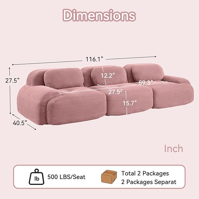 116.1 Modular Sectional Sofa Boneless Cloud Couch 3-Seater Deep Seat Cloud Couch Luxury Corduroy Fabric Sofa for Living Rooms Bedrooms Apartment (Pink 116.1inch)