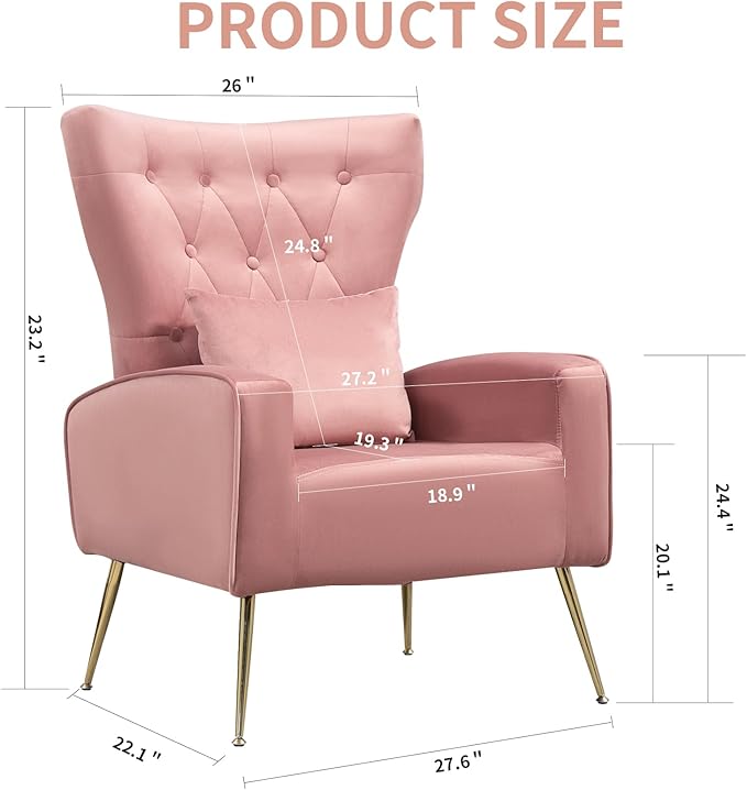 Button-Tufted Living Room Chairs Set of 2 WingBack Velvet Accent Chair Armchair with Lumbar Pillow Bedroom Chairs Vanity Chair Arm Chair with Golden Legs Pink