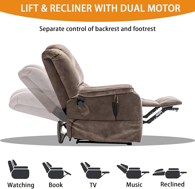 Lift Recliner Chair Lay Flat 180°Heavy DutyInfinite Position with Massage and Heating Functions Adjustable Upholstered Dual Motor Power Stand Up Lifting ReclinerSuitable for Living Room(Brown)