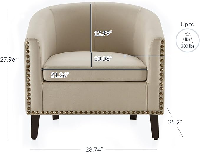 BELLEZE Accent Barrel Chair Set of 2 Modern Tub Club Chair Upholstered Armchair with Gold Nail Head Trim and Black Legs for Living Room Bedroom Apartment Lounge - Beige/Linen