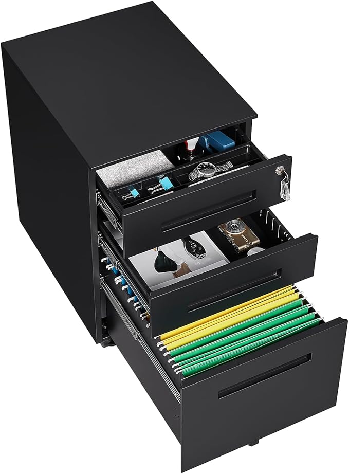 Black File Cabinet 3 Drawer Mobile File Cabinet with Lock and Wheels Under Desk Metal Filing Cabinet for OfficeLockable Rolling Cabinet with 2 Keys for LegalLetterA4 Size