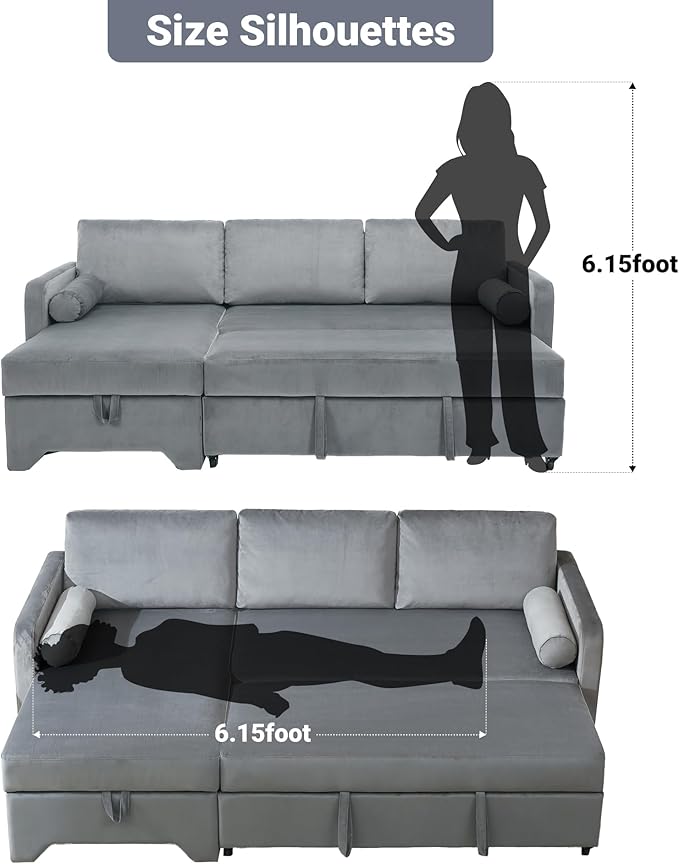 Tbfit 90.6'' 3 in 1 Sleeper Sofa Couch with Storage Chaise Velvet Sofa Bed with Pull Out Bed Convertible Sleeper Sofas for Living Room Small Spaces Grey