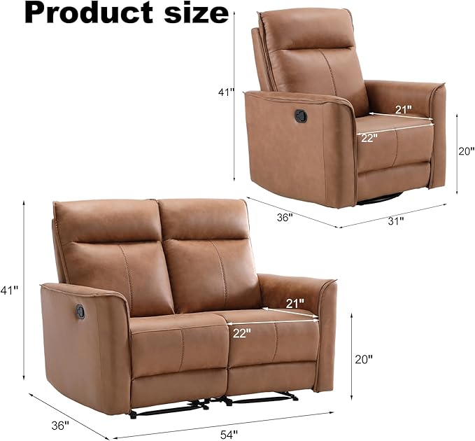 EBELLO Faux Leather Manual Recliner Sofa Set 1 Seat Recliner Chair and a Loveseat Reclining Couch Furniture Set for Living Room Brown