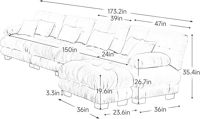 173.2 Oversized Modular Sectional Sofa 4 Seater Blue Large Sectional Couches for Living Room Chenille Fabric Sofa Set Cloud Couches with Ottoman Deep Seat Modern Sofas para Sala L Shaped