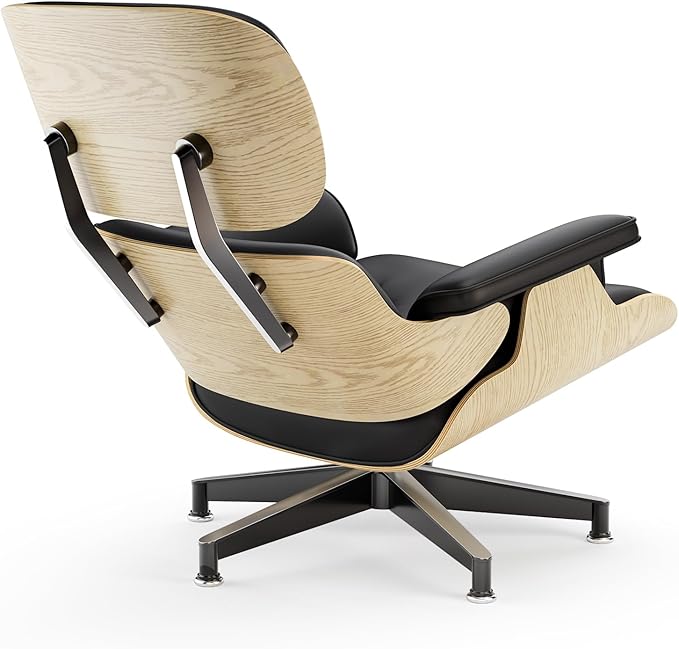 Top Black Grain Leather Mid Century Chaise Lounge Chair and Ottoman Modern Chair Classic Design Ash Wood Heavy Duty Base Support for Living Room Office
