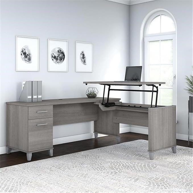 Pemberly Row 72W L Shaped Sit to Stand Desk Platinum Gray Engineered Wood Adjustable Heights 35-41 in Wire Management Storage Drawers Ergonomic Standing Desk for Home Office