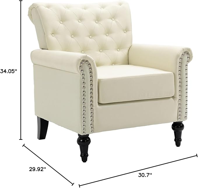 Upholstered Lounge Arm Chair Single Sofa for Living Room Bedroom Beige Modern Accent Chair Linen ArmchairTufted BackWood Legs