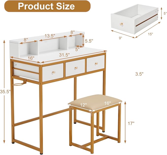 32 Small PC Desk with PU Leather Stool Vanity Dressing Table with 3 Open Shelves and Drawers Work Writing Desks for Corner Bedroom Home Office White/Gold