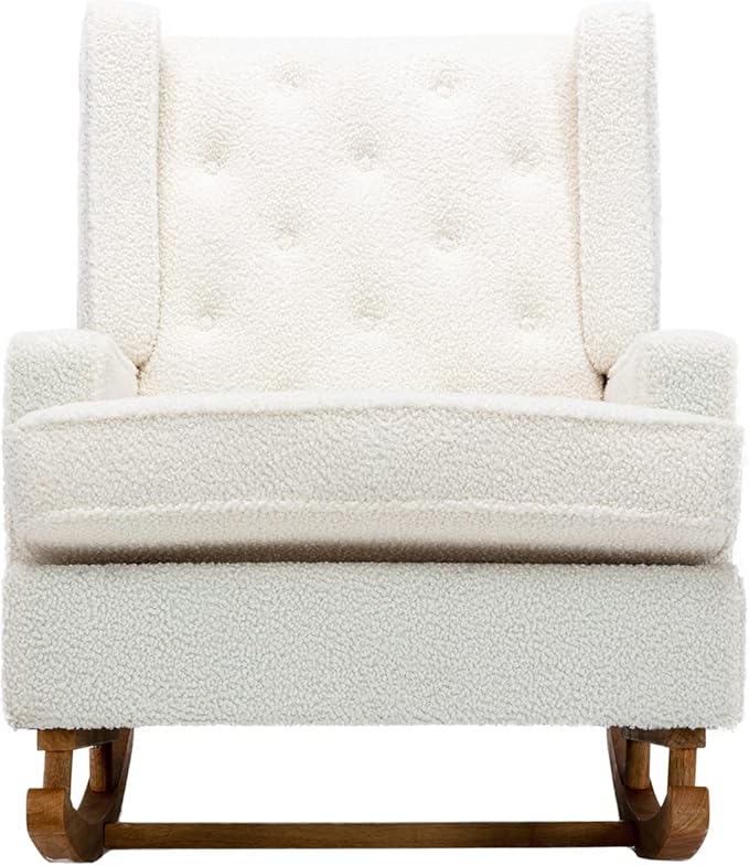 QQU Rocking Chair with Arms Leisure Teddy Fabric Chair IndoorComfy High Back Chair with Solid Wood Base Side Pocket for Living RoomBedroomOffice (White)
