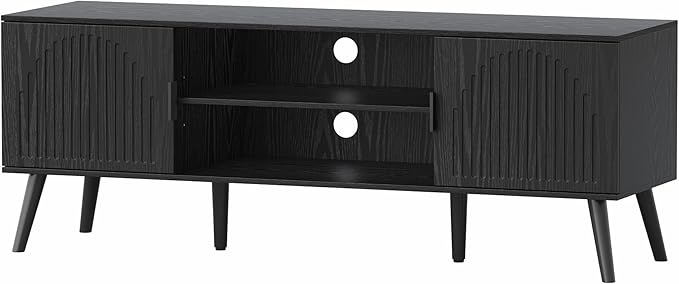 ChooChoo TV Stand for 55/60 Inch TV Mid Century Modern TV Stand Entertainment Center with Storage Cabinet and Open Shelves TV Console Table Media Cabinet for Living Room and Bedroom Black
