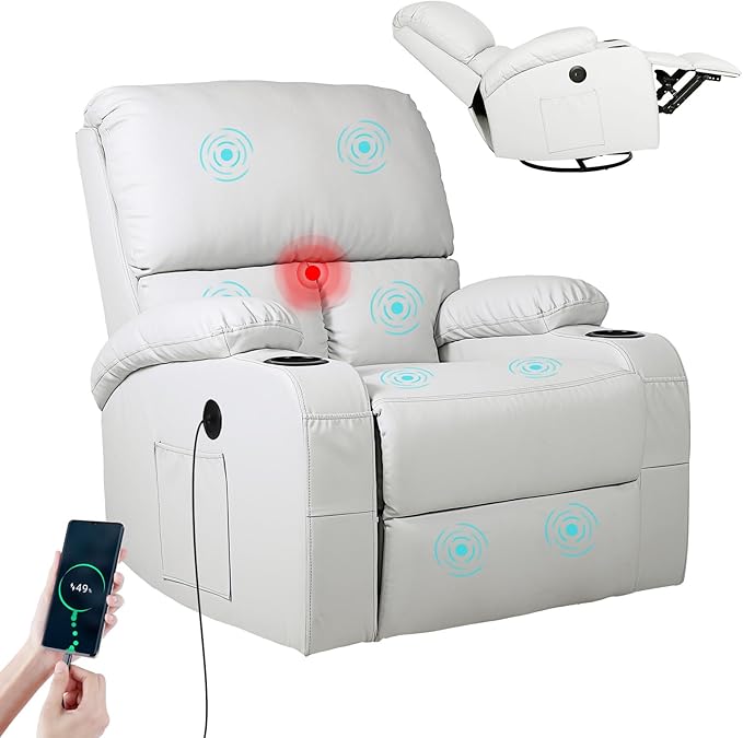 LEVELEVE Rocking Recliner Chair Massage Chair with Vibration Massage and Heat USB and Type-C Ports360° Swivel Faux Leather Chairs Living Room Bedroom Nursery RV Light Grey