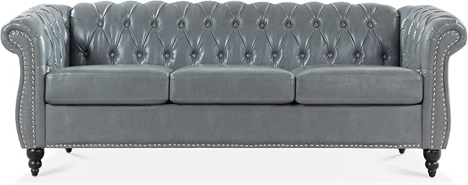 Ball &amp Cast 84 Chesterfield Leather Sofa with Channel Tufted Seat BackClassic 3 Seater Couch w/Roll Arm Nailhead Trim and UpholsteredMid Century Furniture for Living RoomBedroomOfficeGrey PU