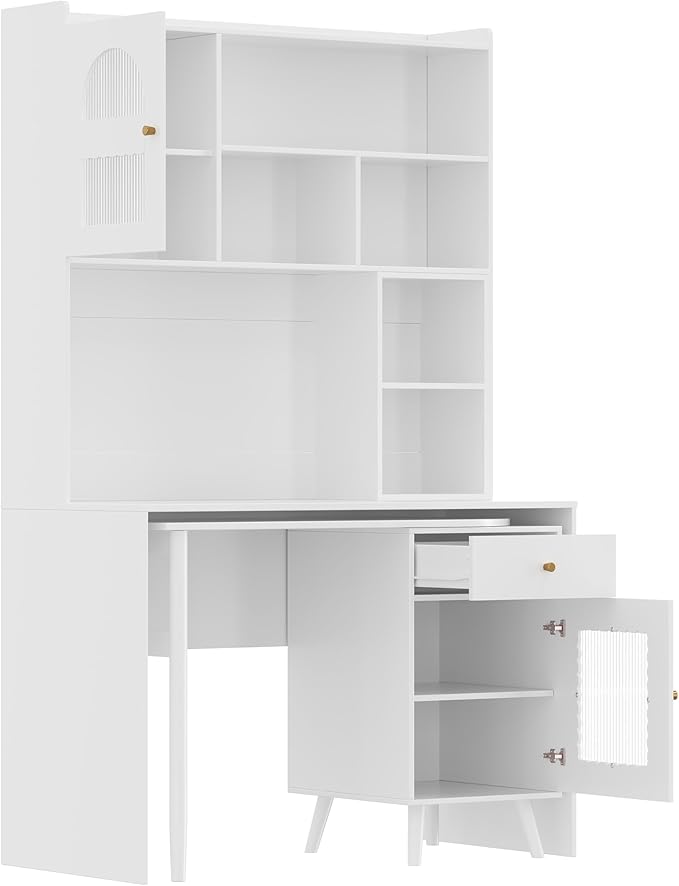 Modern Computer Desk with Hutch Drawer Shelves Storage Cabinet and 90° Rotating Desktop Executive Working Desk Gaming Desk Writing Desk for Home Office Study Room Living Room