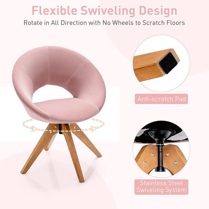 Giantex Swivel Accent Chair Modern Office Chair with Wood Legs Oversized Upholstered Seat Round Tufted Back Velvet Vanity Chair for Living Room Bedroom Pink
