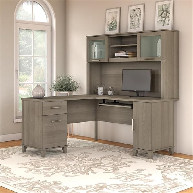 Pemberly Row 60W L Shaped Desk with Hutch Engineered Wood Ash Gray Finish Keyboard Tray File Drawer Adjustable Shelves Frosted Glass Doors Home Office Furniture Set