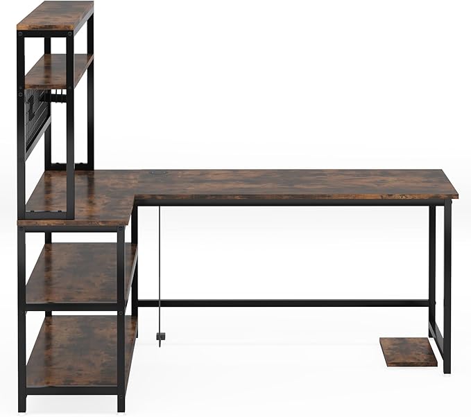 LITTLE TREE L-Shaped Computer Desk 55 Inch Reversible Office Desk Study Writing Table with Wireless Charging and Bookshelf for Home Office Brown