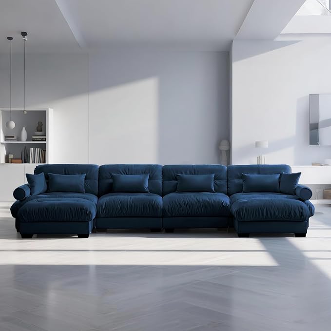 166 Modern Oversized Modular Sectional Sofa 4-Seater U-Shaped Cloud Sleeper Couch with 2 Ottomans Pillows and Overthick Cushion for Living Room Home Theater Apartment Velvet Blue