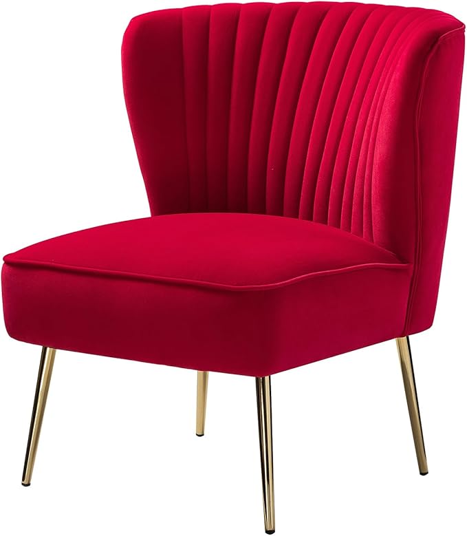 TINA'S HOME Velvet Accent Chair Set of 2 with Metal Golden Legs Upholstered Armless Slipper Chair with Wingback Mid Century Side Chair for Living Room Bedroom Makeup Vanity- Red