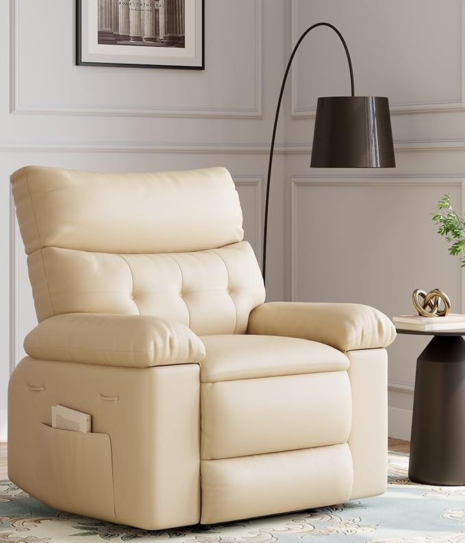GarveeHome Oversized 27 Recliner Chairs Classic Manual Leather Recliner Home Theater Seating with Lumbar &amp Arms Support for Living Room Bedroom and Nursery - Beige