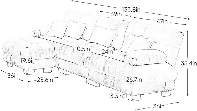 133.8 Oversized Couch 3 Seater Modular Sectional Sofa Beige Large L Shaped Sectional Couches for Living Room Fluffy Couch Set 3 Seater Velvet Cloud Couches with Ottoman Sofas for Living Room