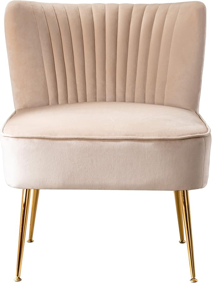 WO Home Furniture 25 Wide Tufted Velvet Accent Chair with Rust Resistant Golden Metal Legs Premium Quality Rust Resistant Seat for Your Den Living Room Bedroom Inside Area (Tan)