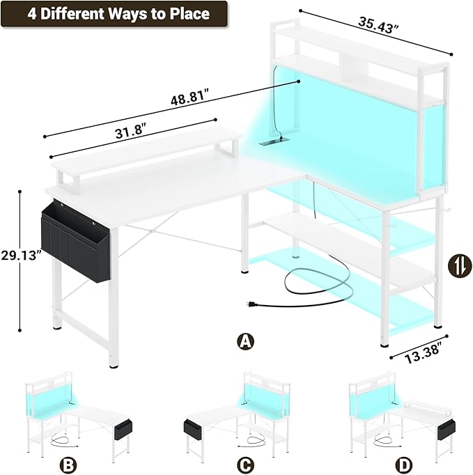 Aheaplus L Shaped Gaming Desk with Power Outlets &amp LED Lights Small L- Shaped Desk Computer Corner Desk with Monitor Stand &amp Storage Shelf Home Office Desk Writing Desk with Storage Bag Whi