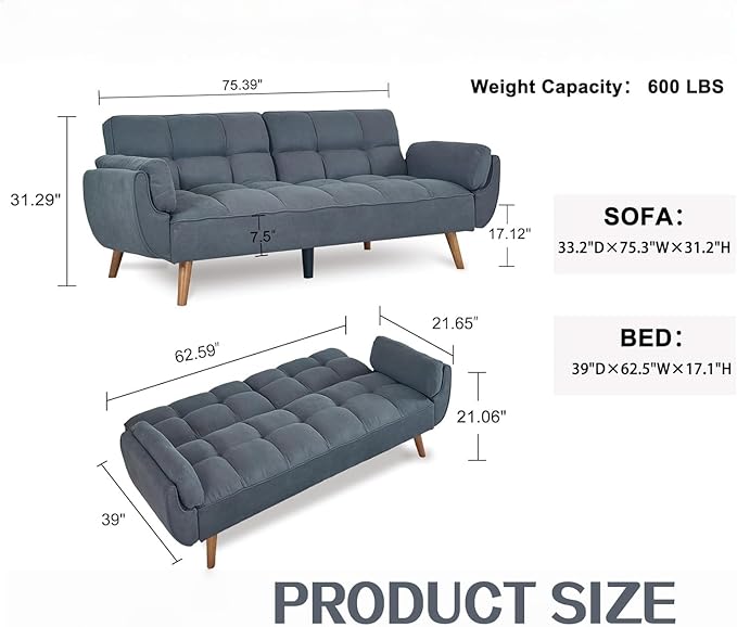 Convertible Futon Sofa Bed Modern Futon Couch with 2 Pillows Small Futons Couch with Adjustable Armrest &amp Backrest Loveseat Sofa Bed for Living Room Bedroom Blue