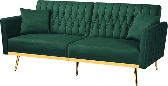 70” Velvet Futon Sofa Bed w/Adjustable Backrests and Armrests Convertible Futon Couch with 2 Pillows Modern Tufted Sleeper Bed for Living Room BedroomGreen