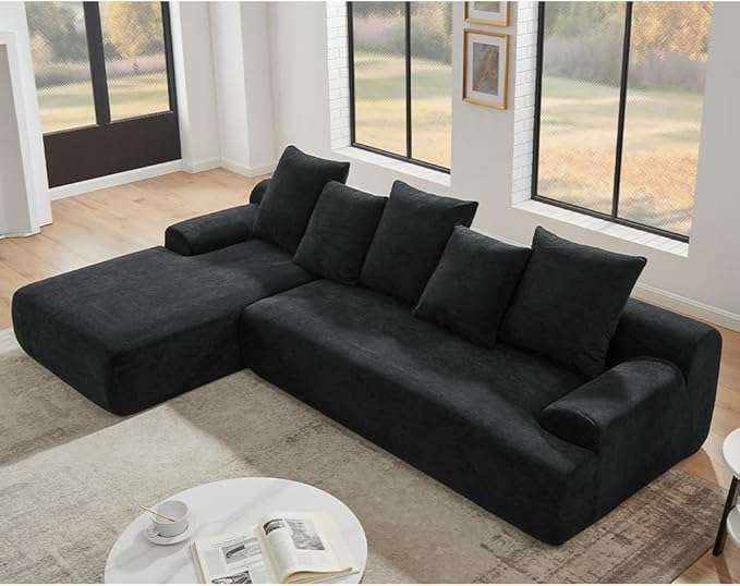 WILLIAMSPACE 110.25 Black Velvet Sectional Sofa Cloud Sponge Couch with Pillows Modular Floor Compressed Upholstered L-Shape Sofa Foam 4 Seater Couch for Living Room No Assembly Left-Facing Black